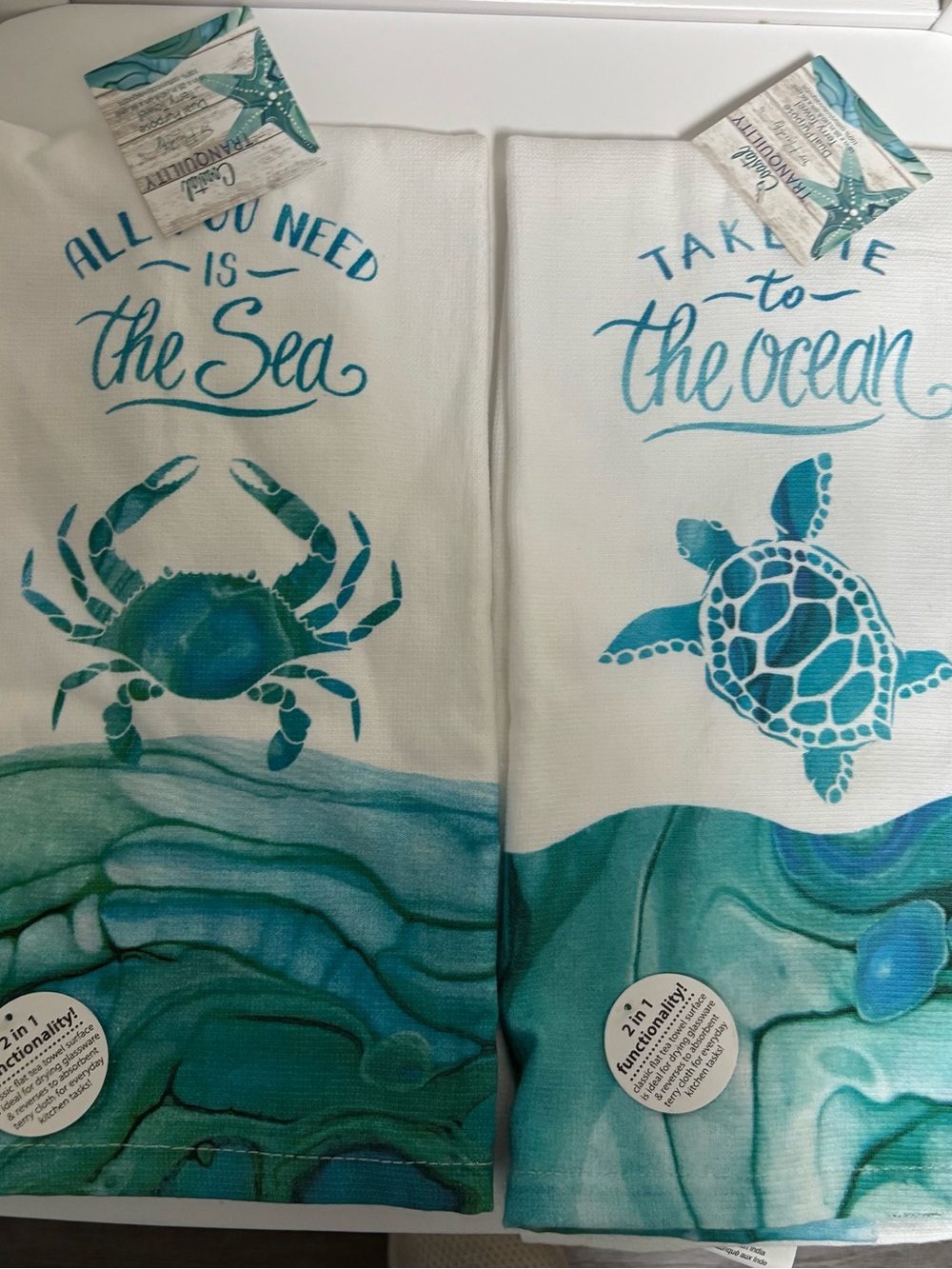 New! Coastal Sea Turtle & Crab Kitchen Towels - Teal/White